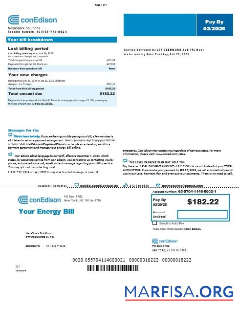 Blank USA New York Conedison business utility bill Word and PDF template, version 2